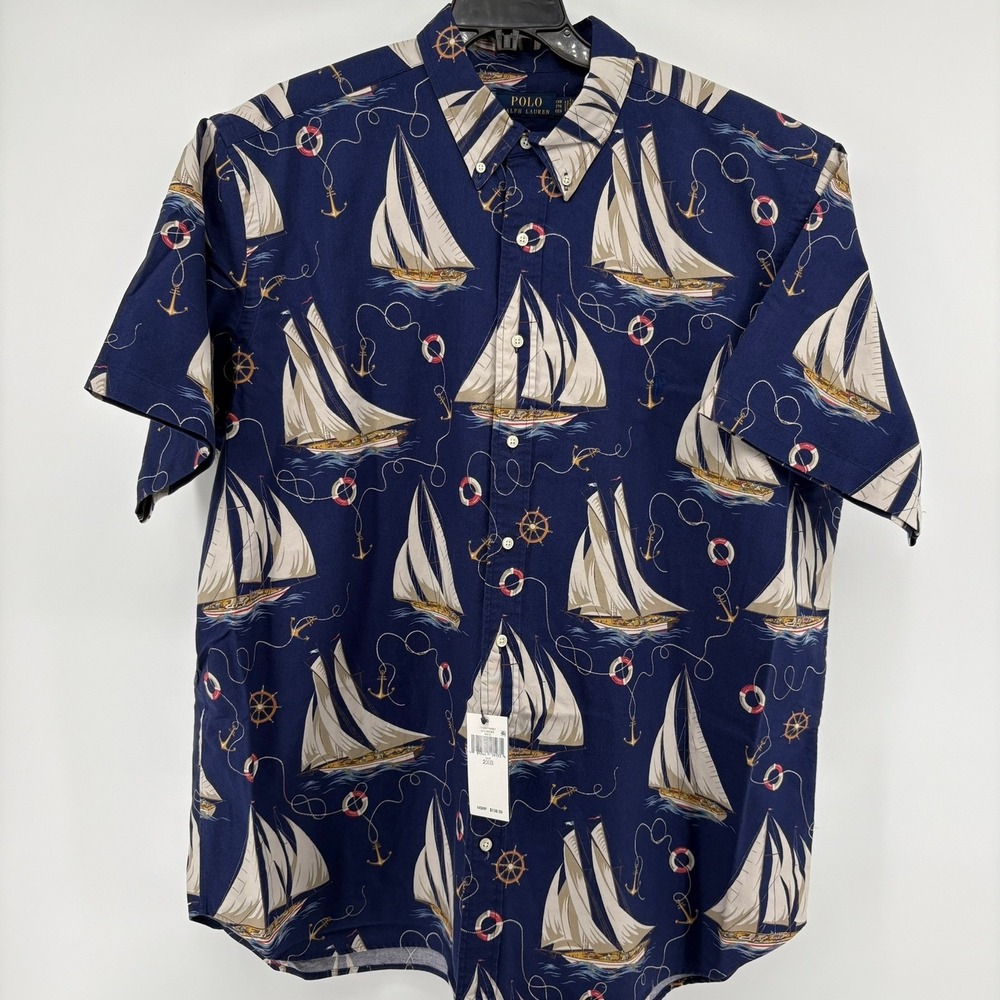 Polo Ralph Lauren Men 2XB Short Sleeve Button Down Shirt Sailboat Nautical Print - Picture 2 of 10
